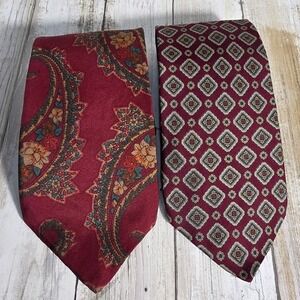 Harve Benard Pure Silk Necktie Lot 2 Burgundy Red Paisley Geometric Medallion